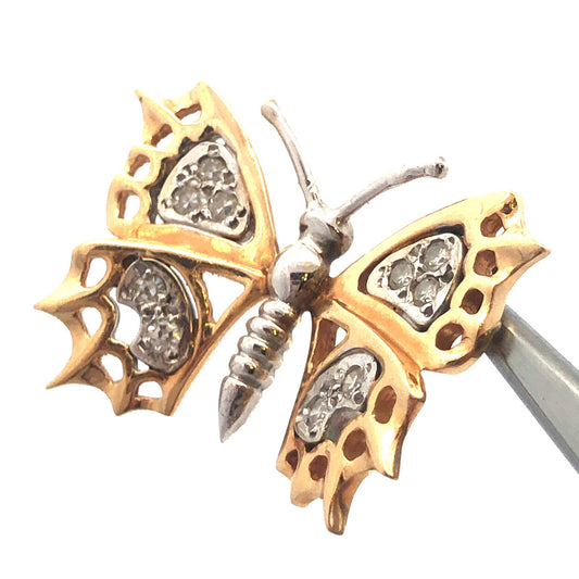 14K Yellow White Gold Diamond Two Toned Butterfly Pendant
