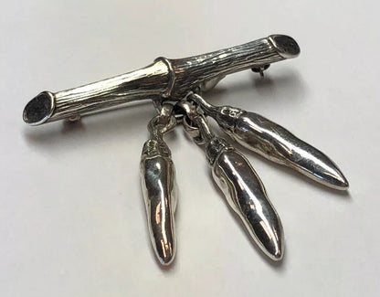 Vintage Mignon Faget Sterling Silver Bamboo Chili Peppers Charm Pin Brooch Rare
