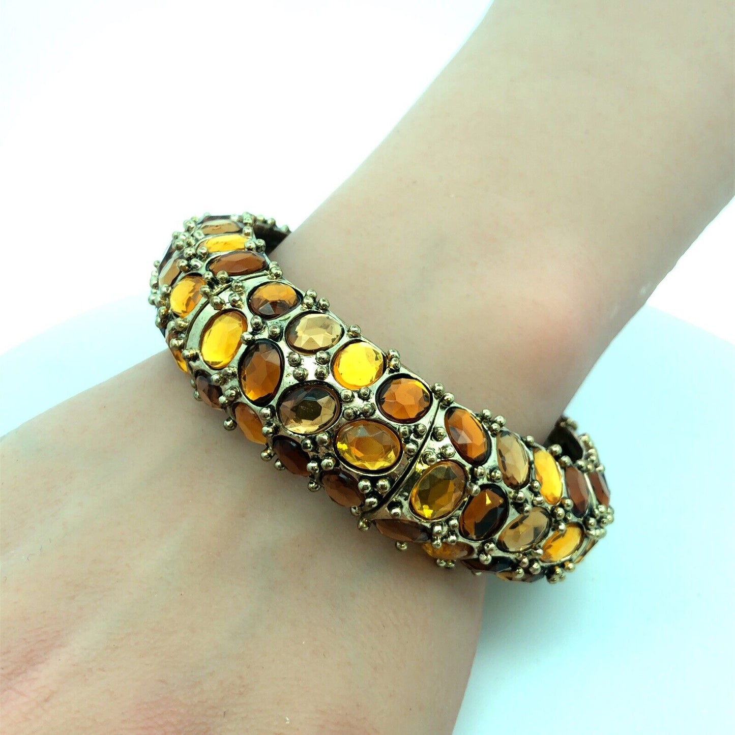 Fabulous Gold Tone Yellow Gold Amber Rhinestone Stretch Statement Cuff Bracelet