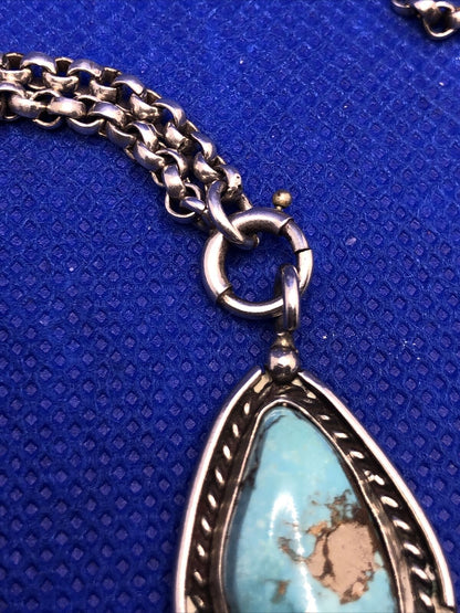 Blue Turquoise Native American 925 Sterling Silver Pendant Necklace