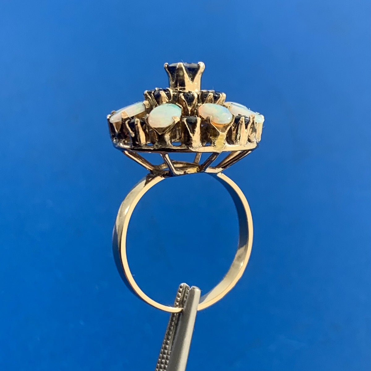Estate 14K Yellow Gold Sapphire Opal Princess Empire Stacked Dome Cocktail Ring