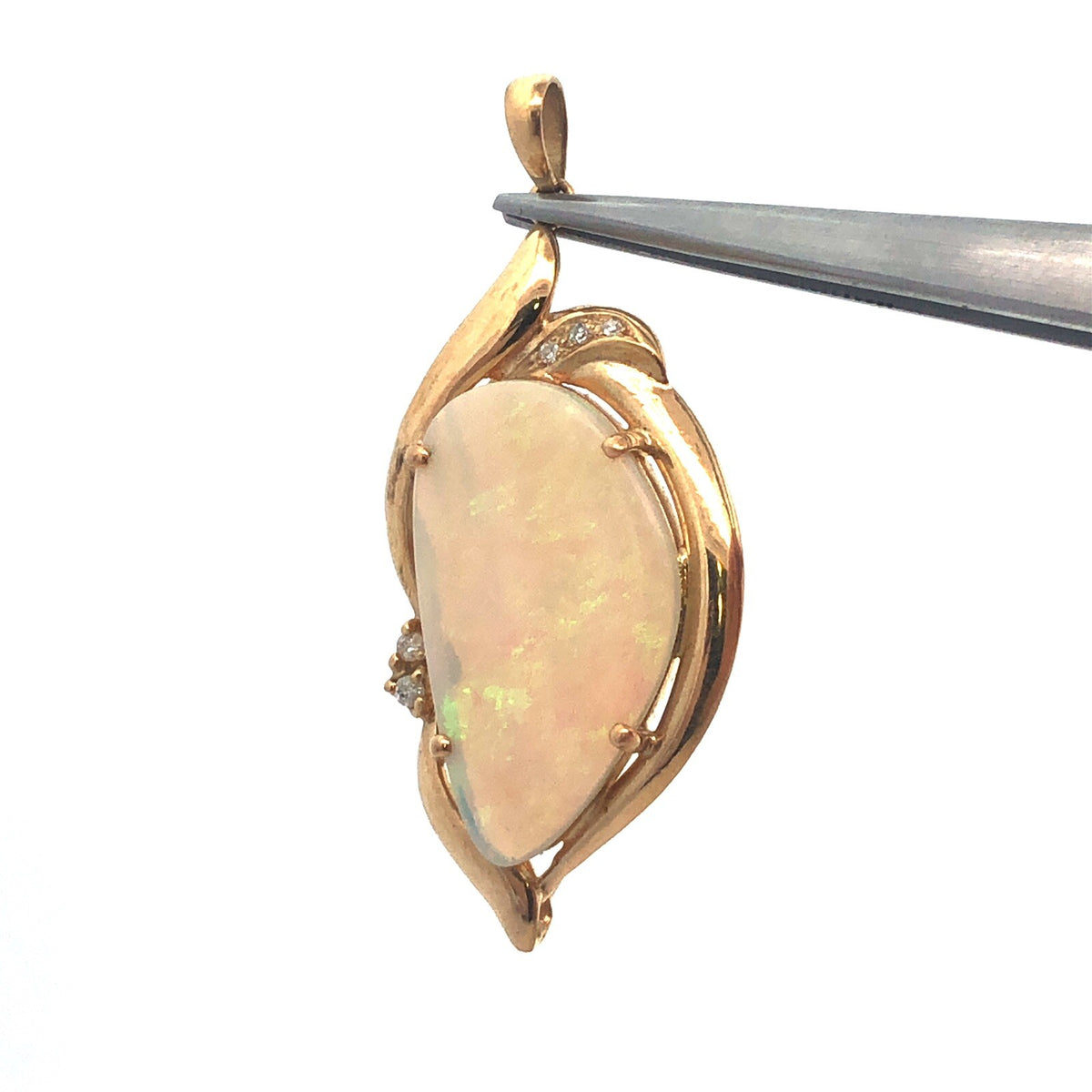 Large Australian Black Opal Pendant Solid 14k Yellow Gold with Diamond Accents