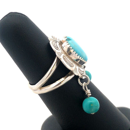 Native American QT 925 Sterling Silver Heart Turquoise Dangle Bead Charm Ring