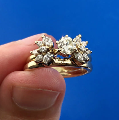 14K Yellow Gold Diamond Solitaire Floral Accent Guard Engagement Bridal Ring Set