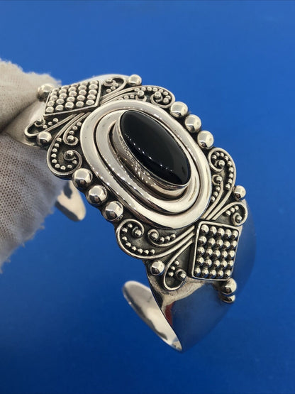 Designer BA Suarti Sterling Silver Black Onyx Balinese Statement Cuff Bracelet