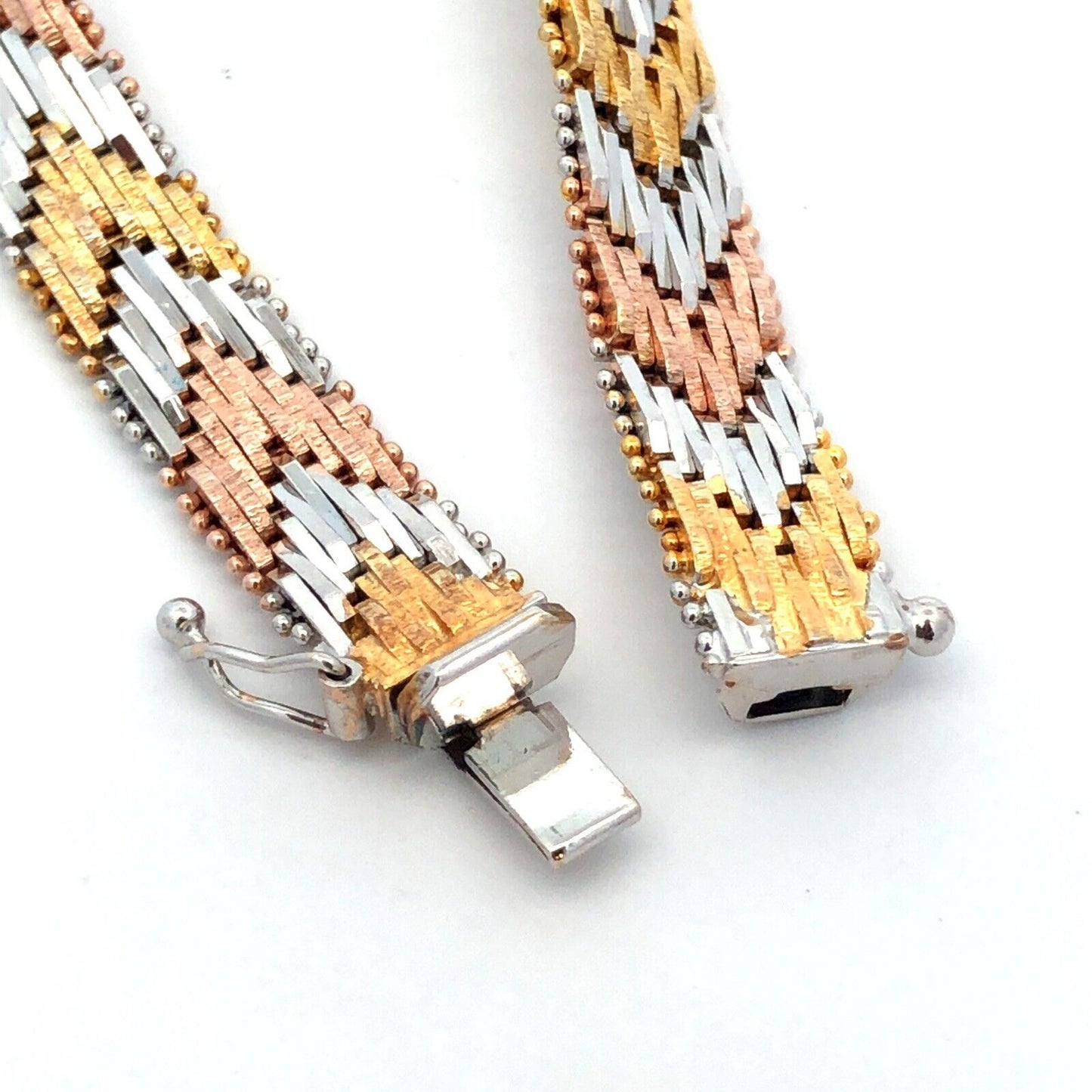 Italy Sterling Silver Gold Rose Gold Vermeil Tri-Color Chevron Chain Bracelet