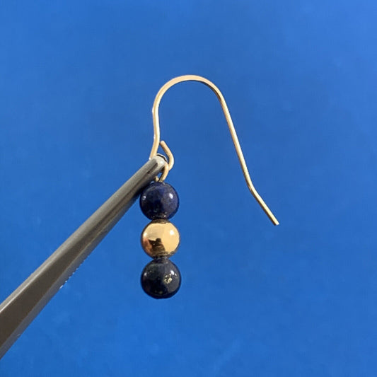 Designer 14K Yellow Gold Lapis Lazuli Bead & Gold Ball Drop Dangle Hook Earrings