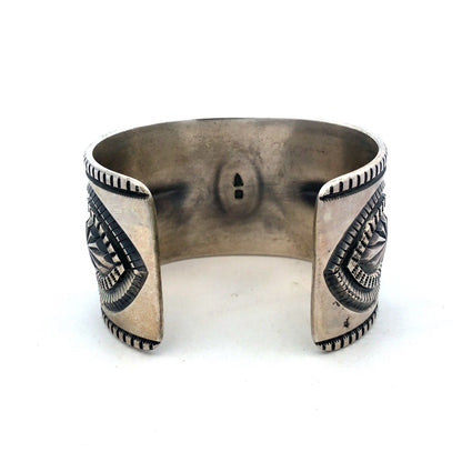 Native American Picto Signed Sterling Silver Turquoise Statement Cuff Bracelet