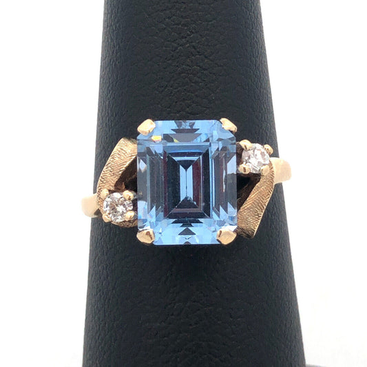 Designer 10K Yellow Gold Emerald Cut Blue Spinel Diamond Engagement Ring