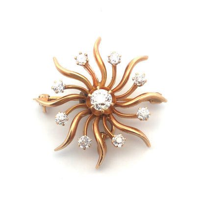 Designer Art Deco 14K Yellow Gold Diamond Pin Brooch Pendant