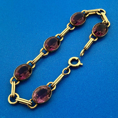 Vintage 12KT Gold Filled Oval Purple Amethyst Station Panel Link Bracelet