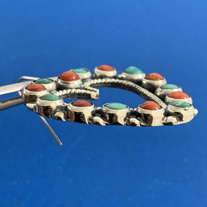 Artisan Leo Feeney Sterling Silver Turquoise Coral Open Heart Dangle Earrings