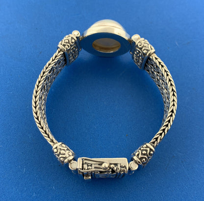 Designer Sterling Silver Mabe Pearl Cabochon Balinese Style Statement Bracelet
