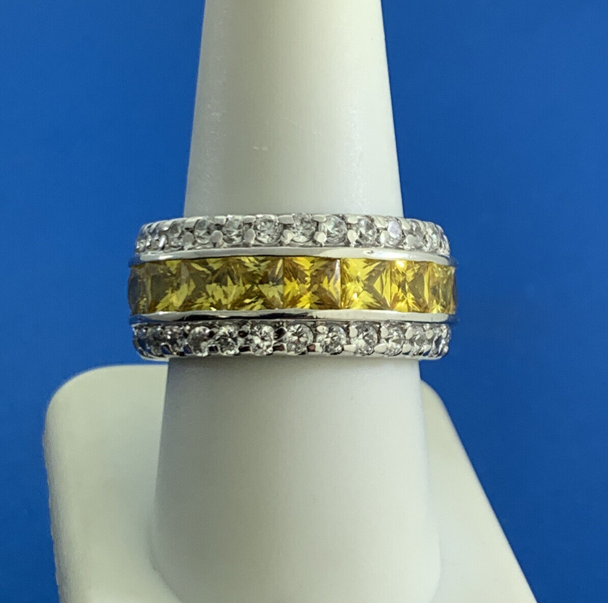 Designer 925 Sterling Silver Lemon & White Cubic Zirconia CZ Statement Band Ring