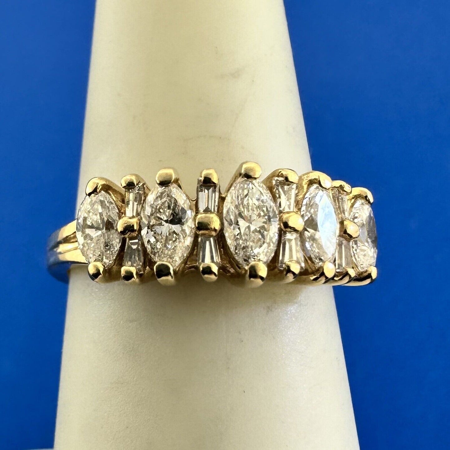 Designer 14K Yellow Gold Marquise & Baguette Diamond Anniversary Band Ring