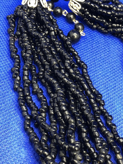 Mid Century Japan Silver Tone Jet Seed Bead Multi Strand Statement Necklace