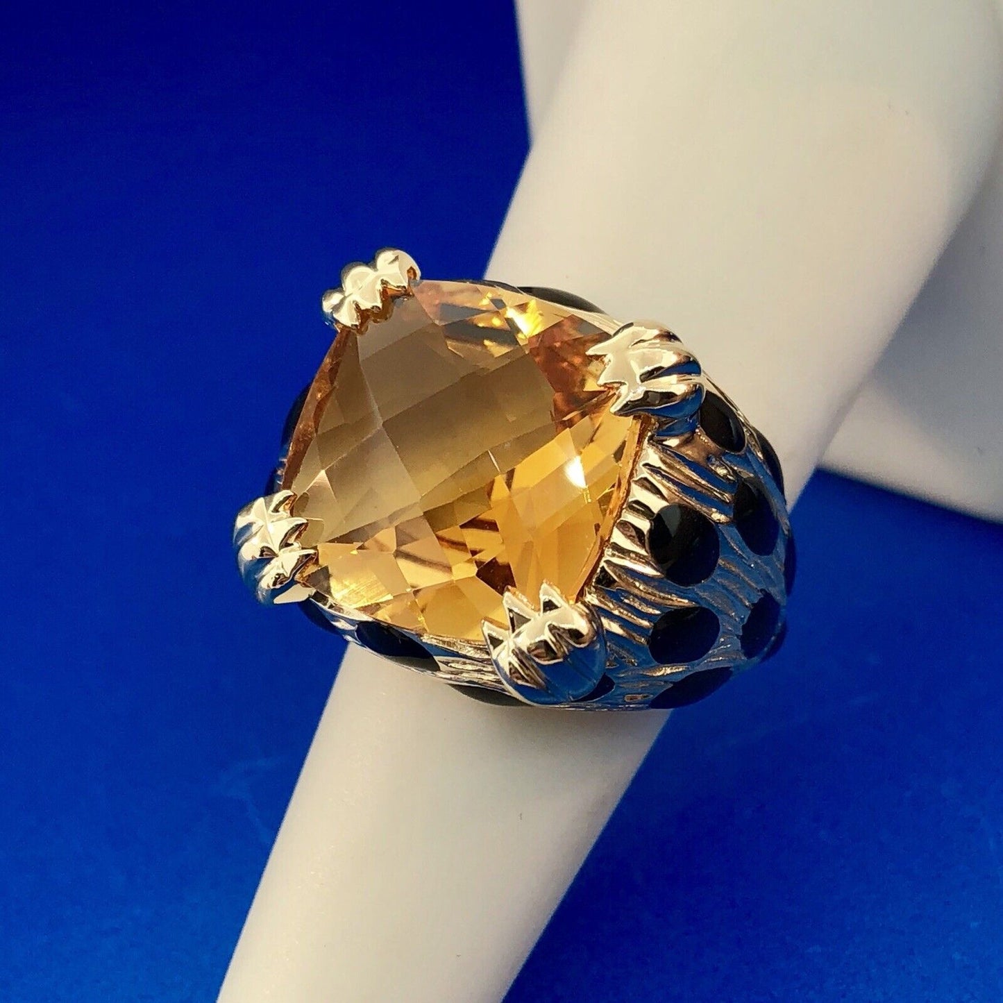 Retro Citra Trading CIT 14K Yellow Gold Citrine Black Enamel Statement Ring