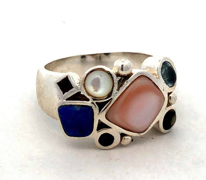Designer LT 925 Sterling Silver Mother of Pearl Lapis Lazuli Cluster Band Ring