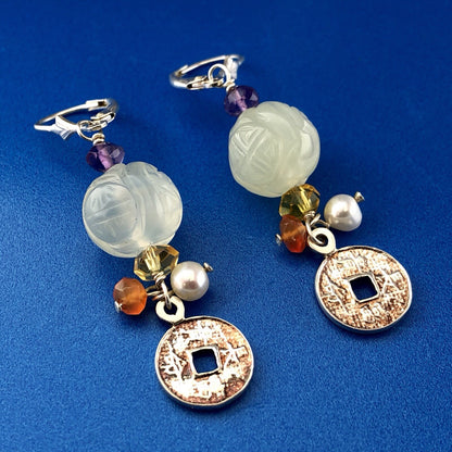 Designer Sterling Silver 925 Amethyst Citrine Pearl Art Glass Dangle Earrings