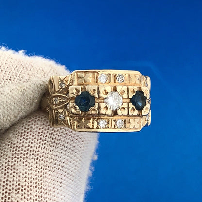Art Deco Art Nouveaux 14K Yellow Gold Sapphire Diamond Etruscan Dome Ring
