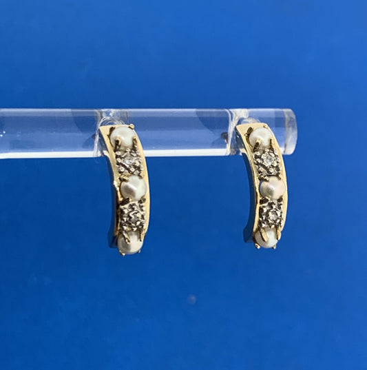 14K Yellow Gold Pearl Diamond Half Hoop Stud Earrings