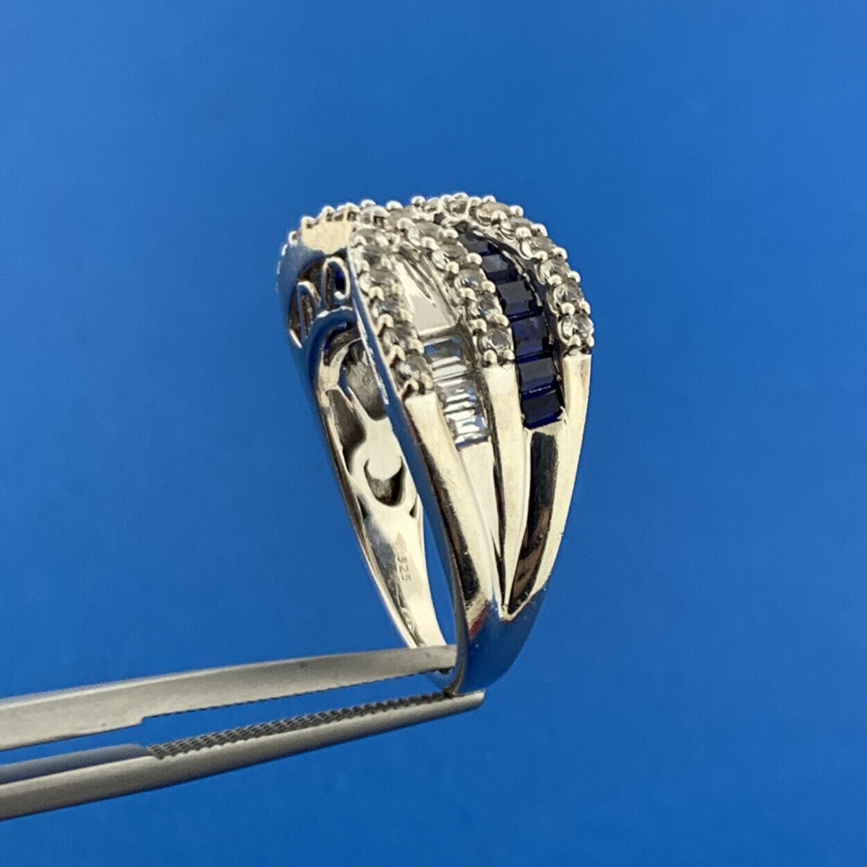 Designer JWBR Sterling Silver 925 Blue & White Sapphire Crossover Band Ring