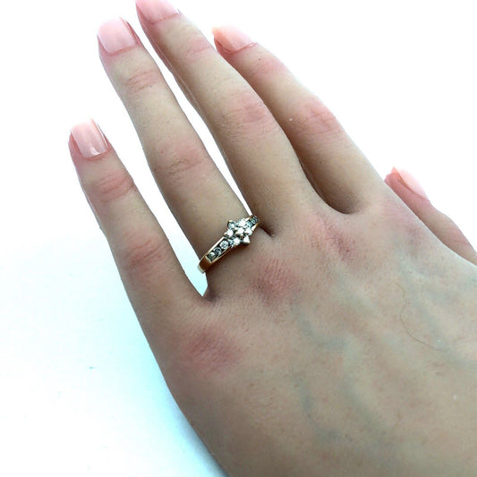 Designer 10K Yellow Gold Round Diamond Flower Anniversary Promise Ring