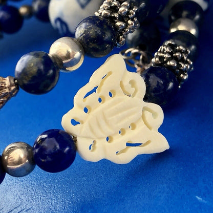 Sterling Silver 925 Lapis Ceramic Carved Cloisonne Bead Three Wrap Bracelet