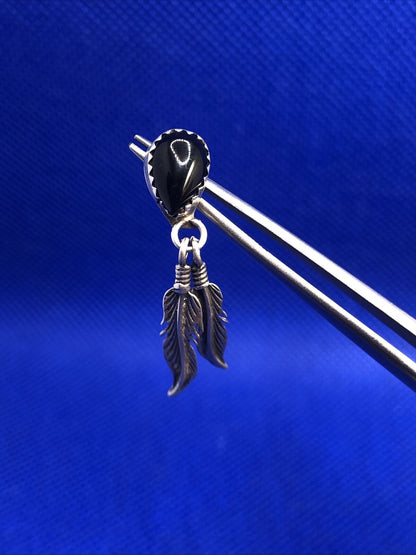 Designer STG 925 Sterling Silver Black Onyx Feather Dangle Drop Stud Earrings