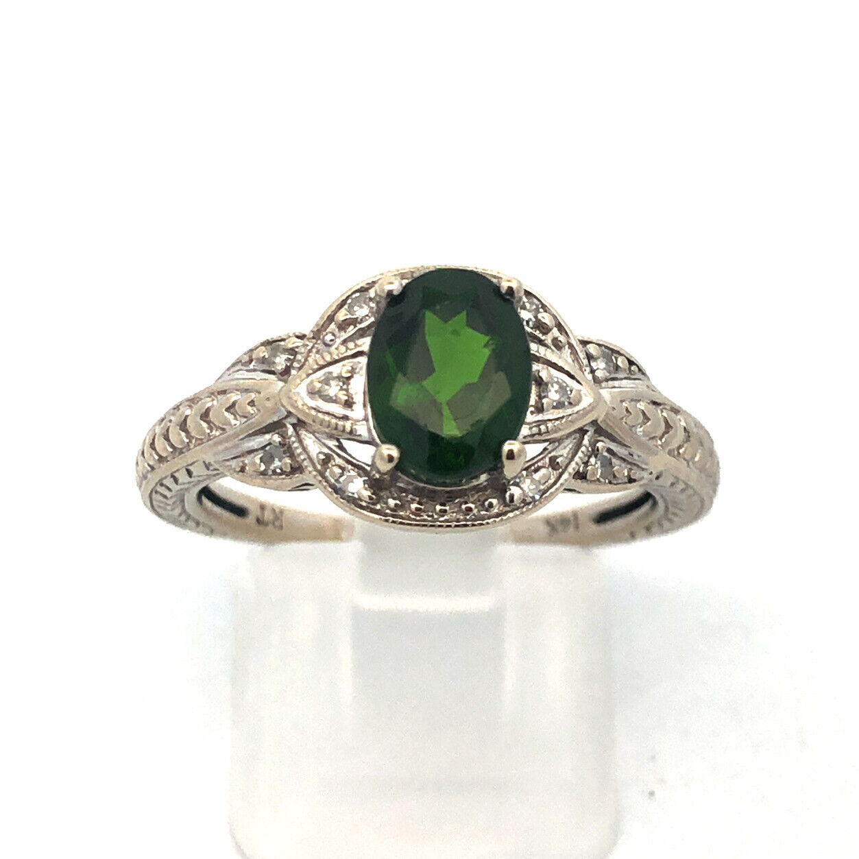 Designer RT 14K White Gold Oval Green Tourmaline Diamond Accented Ring