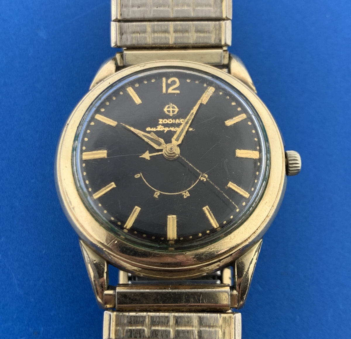 Mid Century Zodiac 10K Gold Filled Autographic Mens Flex Band Wrist Watch Runs