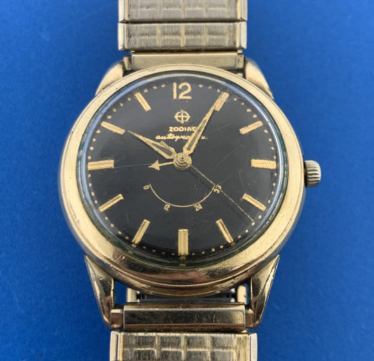 Mid Century Zodiac 10K Gold Filled Autographic Mens Flex Band Wrist Watch Runs