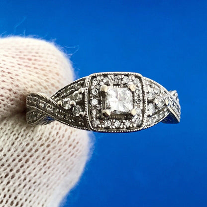 Designer 14K White Gold Diamond Princess Solitaire Halo Accented Engagement Ring