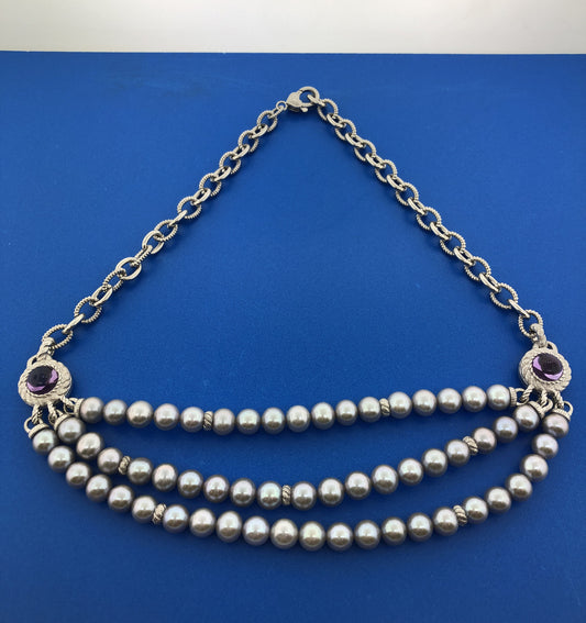 Judith Ripka Sterling Silver Gray Pearl Amethyst Diamonique 3 Strand Necklace