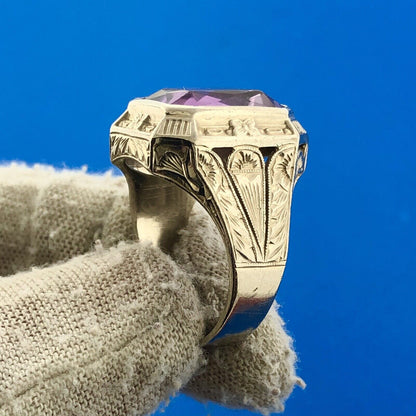 Gorgeous 14k White Gold Radiant Purple Amethyst Floral Pedestal Ring Size 8.25