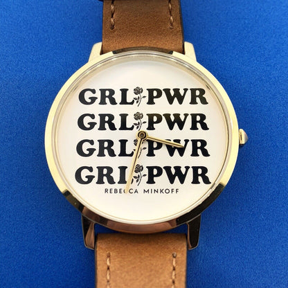Rebecca Minkoff GRL PWR Girl Power Leather Strap Women's Designer Watch In Box