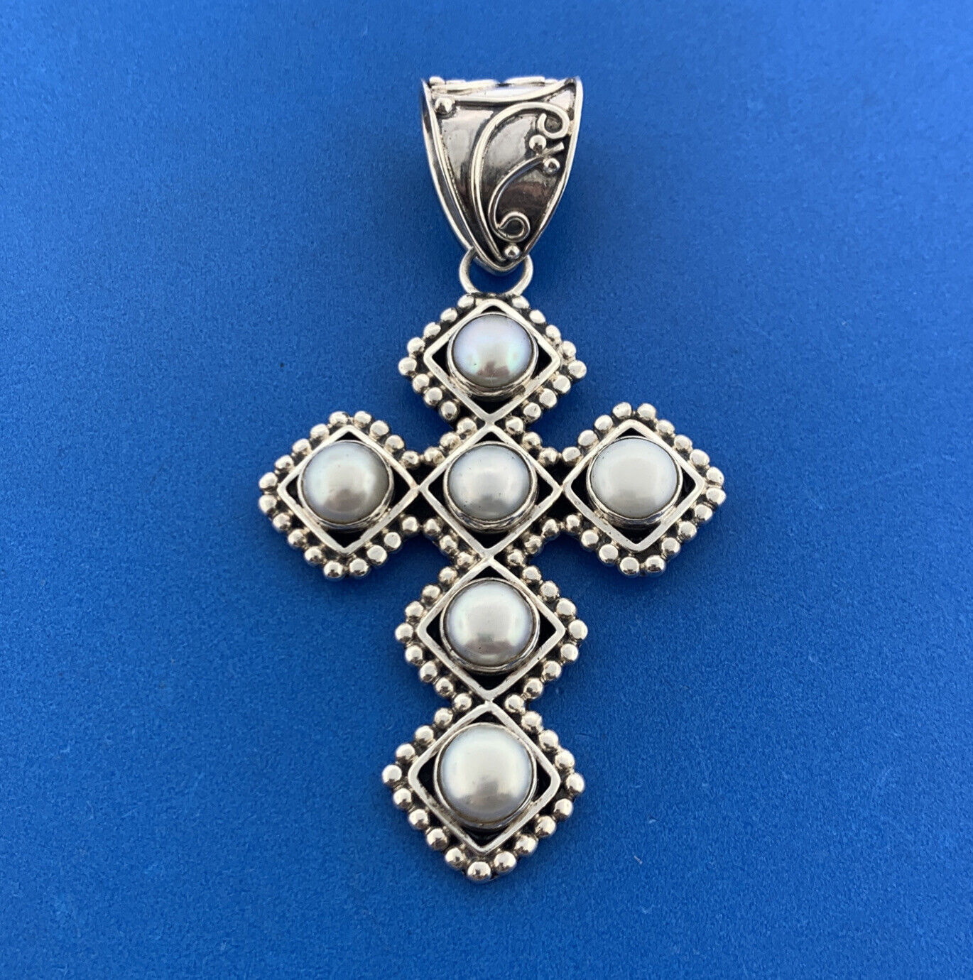 Stunning Sterling Silver 925 White Mabe Pearl Religious Cross Dangle Pendant