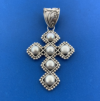 Stunning Sterling Silver 925 White Mabe Pearl Religious Cross Dangle Pendant