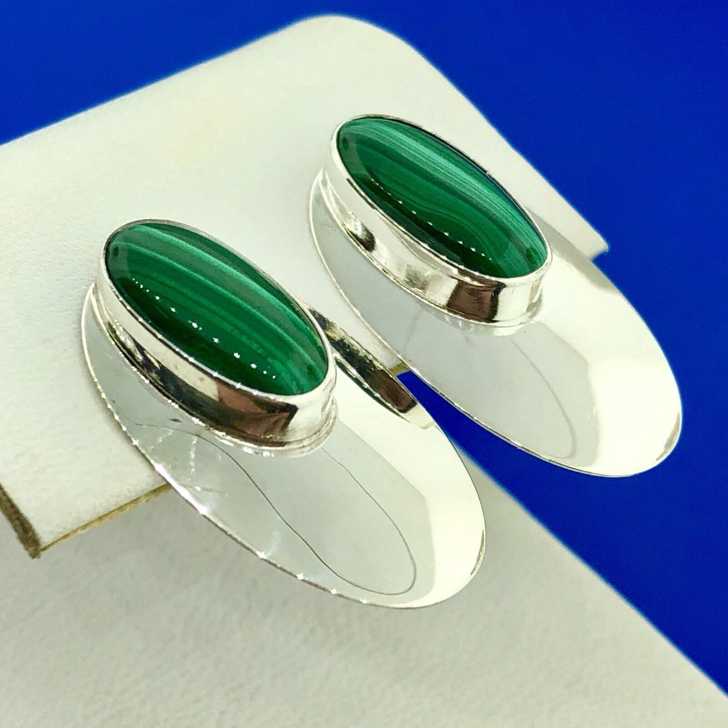 Vintage Sterling Silver 925 Oval Malachite Cabochon Elongated Stud Earrings
