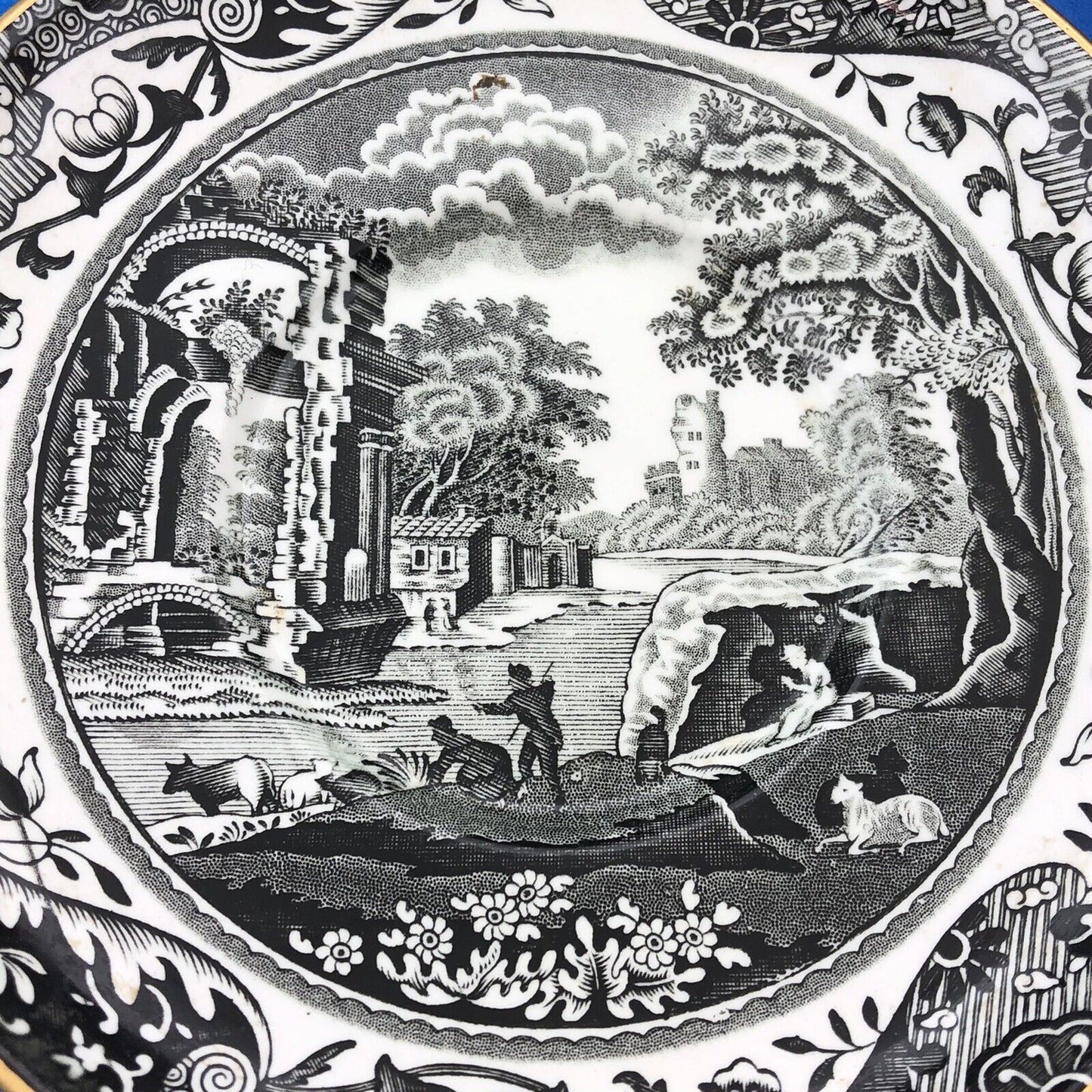 Spode England Woodland Black White Landscape Design Demitasse Cup W/Saucer 2 Pcs