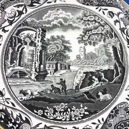 Spode England Woodland Black White Landscape Design Demitasse Cup W/Saucer 2 Pcs