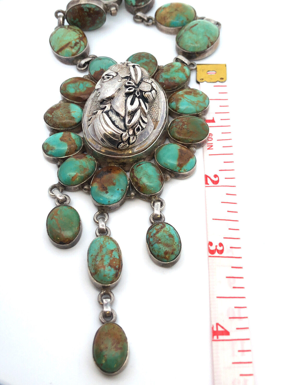 Vintage Native American 925 Sterling Silver Green Turquoise Statement Necklace