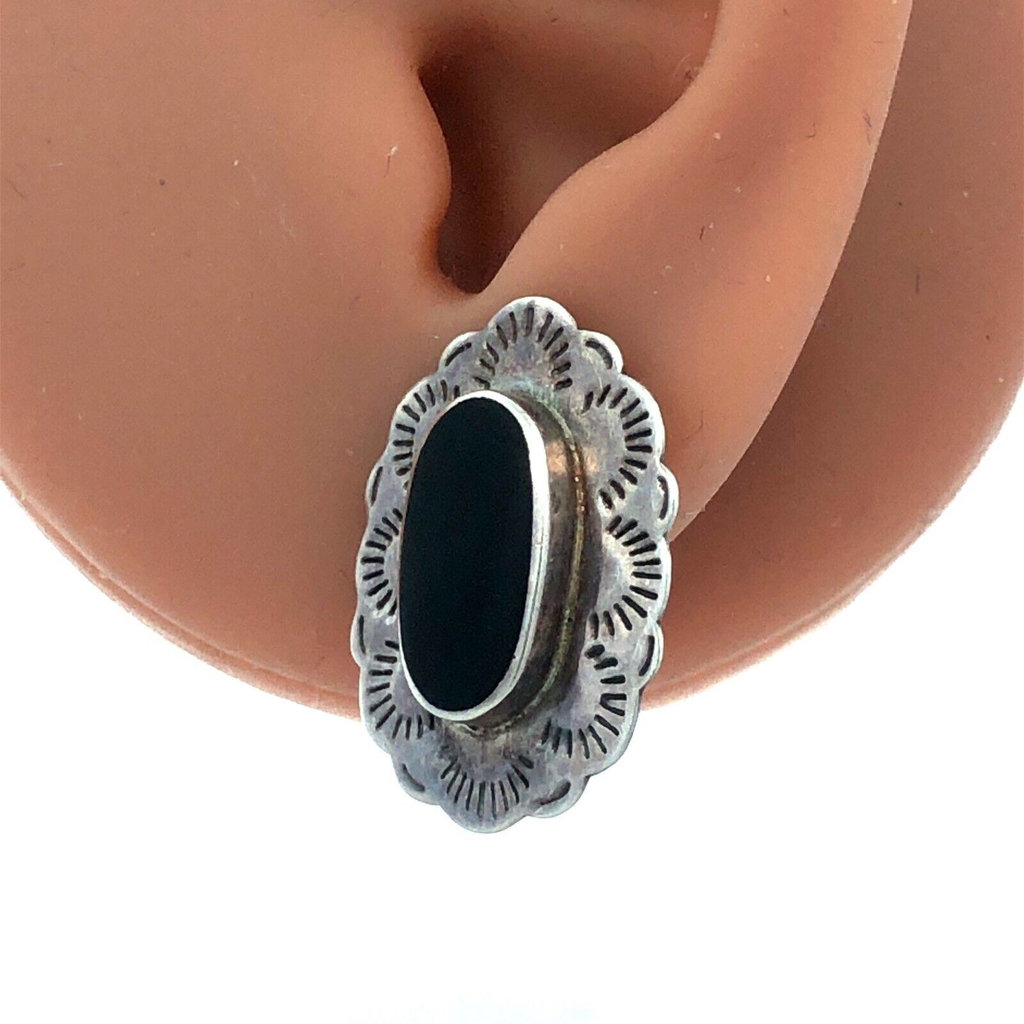Native American Marked 925 Sterling Silver Oval Black Onyx Concho Stud Earrings