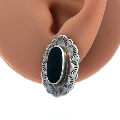 Native American Marked 925 Sterling Silver Oval Black Onyx Concho Stud Earrings