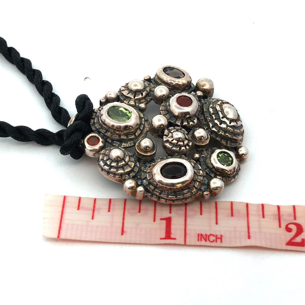 Vintage J 925 Sterling Silver Multi Gemstone Textured Pendant Silk Necklace