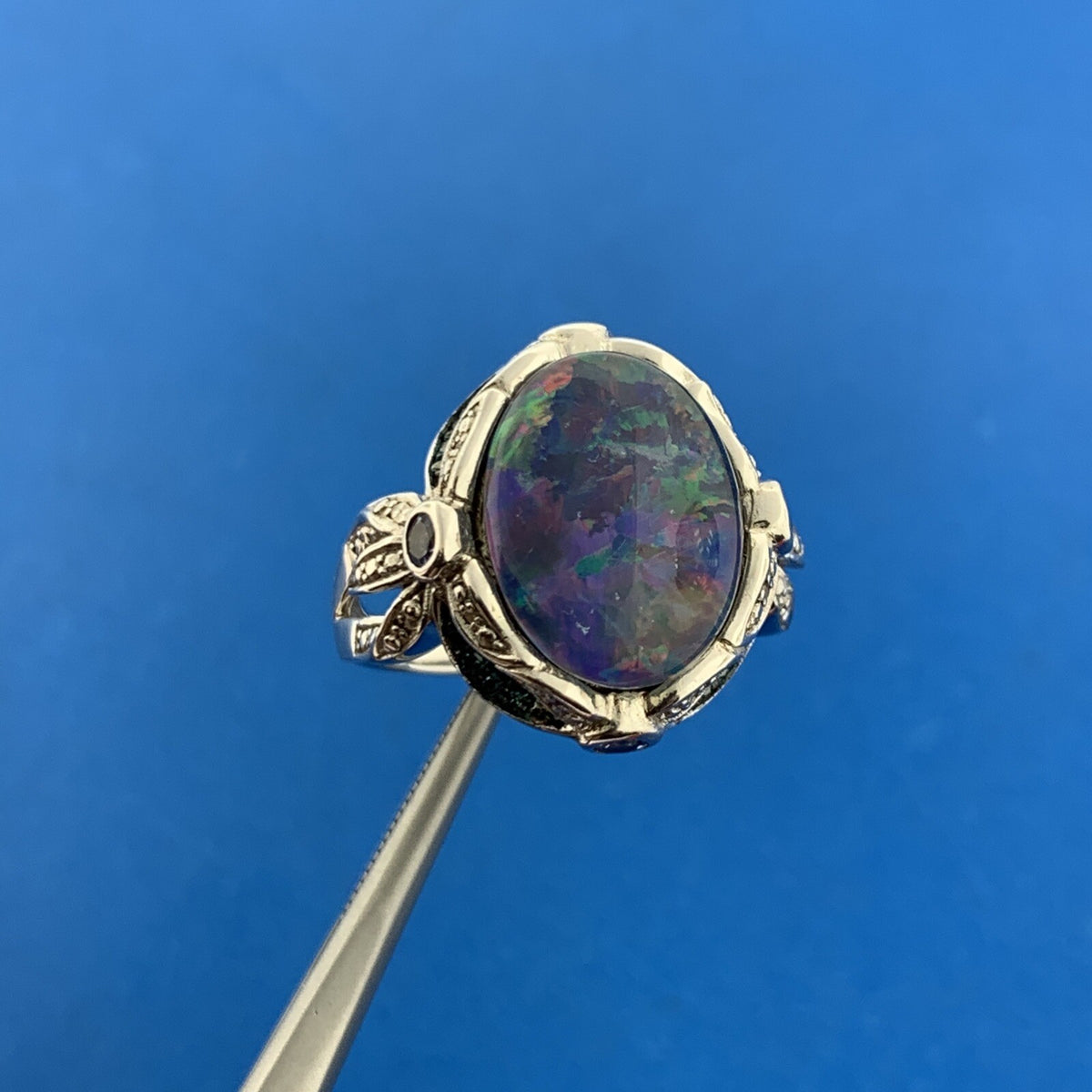 Designer 925 Sterling Silver Opal Doublet Amethyst Blue Diamond Accented Ring