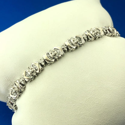 Vintage WGD 14K White Gold Diamond Panel Round Baguette Tennis Bracelet