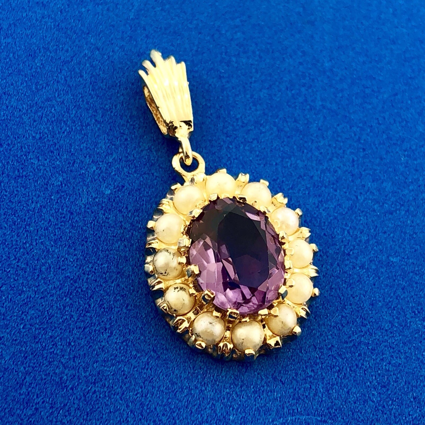 Victorian 14K Yellow Gold Amethyst Seed Pearl Halo February Anniversary Pendant