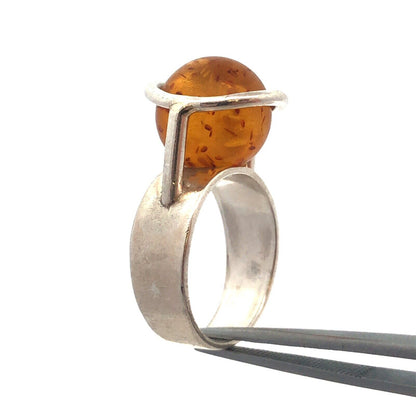 Vintage 925 Sterling Silver Yellow Amber Ball Marble Statement Ring