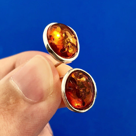 Retro 925 Sterling Silver Oval Baltic Amber Stud Earrings